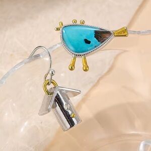 Boho Turquoise Birdhouse Asymmetrical Earrings